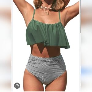 NWT Cupshe Sage Green Flounce Bikini with Striped High-Waist Bottom ~L